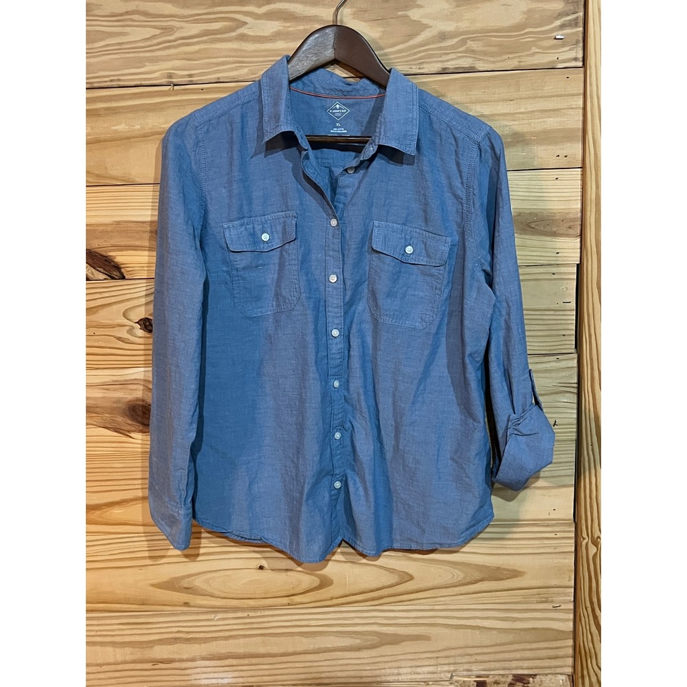 St. Johns Bay Blue Chambray Button-Down Shirt Roll-Tab Sleeves Womens XL Cotton